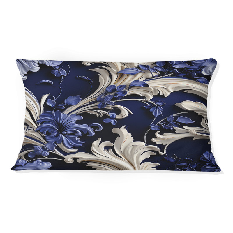 Cobalt Blue Baroque Scrolls Victorian Pattern I - Floral Printed Pillow