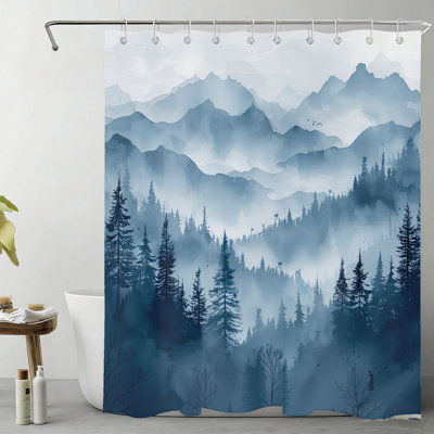 Rideau de bain bleu marine à motif forêt de montagne et encre, avec crochets, 180 x 180 cm (72 x 72 pouces)