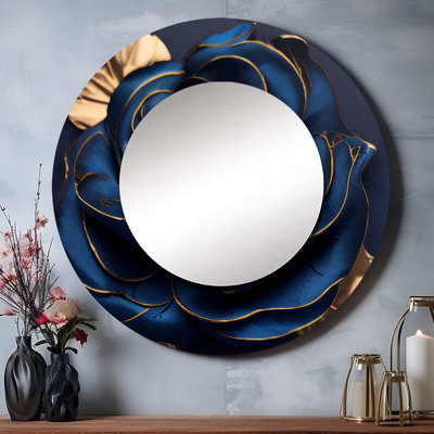 Gilded Rose In Kings Blue III - miroir mural décoratif rose, miroir rond bleu, impression d'art en métal