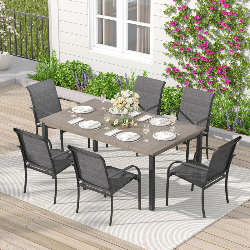 Ensemble repas pour 6 personnes avec table rectangulaire et 6 chaises empilables Leyre, Wood Grey/Grey