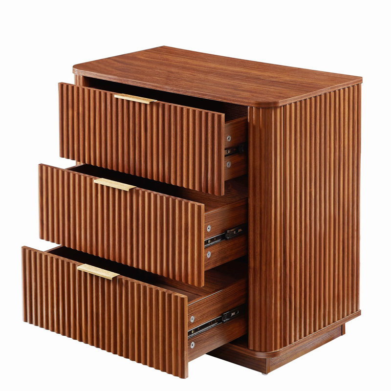 23.6"W Fluted 3 Drawers Dresser Nightstand, Walnut, 2