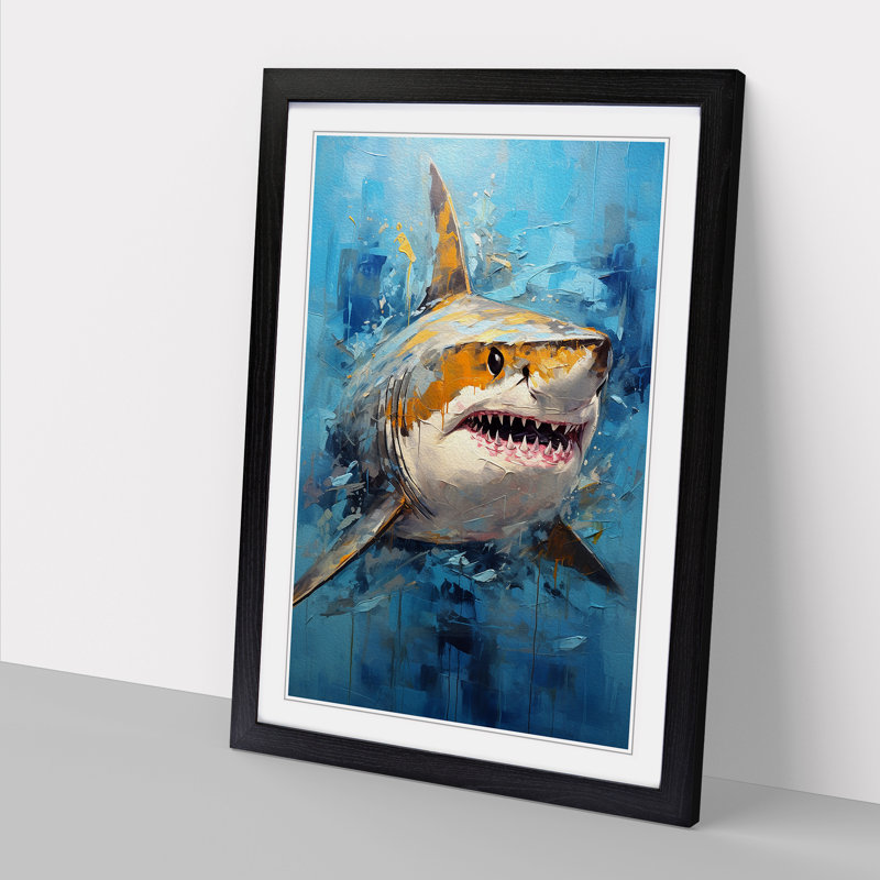 Shark Modern - Single Picture Frame Print on Wood, Black, 64cm H x 46cm W x 2cm D