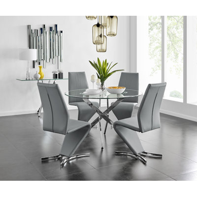 Tierra Modern Chrome Metal & Glass Round Dining Table Set with 4 Modern Design Faux Leather Chairs