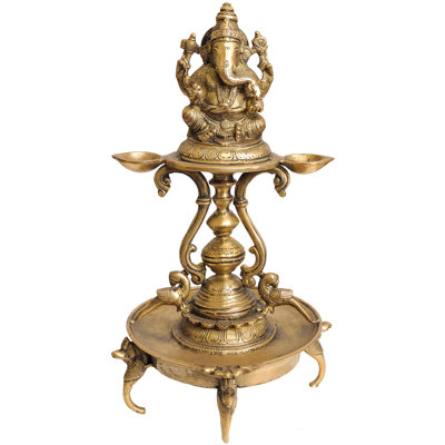 Handmade Brass Lord Ganesha Lamp - 14 Inch Remover of Obstacles for Spiritual Home Decor, Altars, and Ritual Ambient Lighting