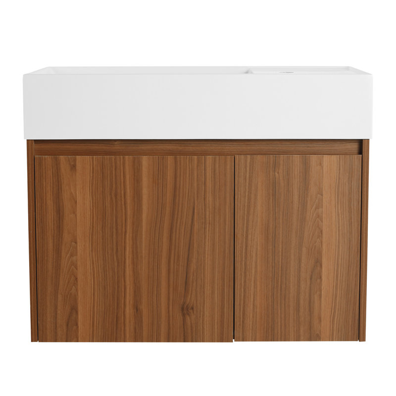 30" Bathroom Vanity & Plywood Sink - Modern Design, Soft Close Hinges, Walnut Color, Float Mounted, For Compact Bath Areas Resin Basin Material,