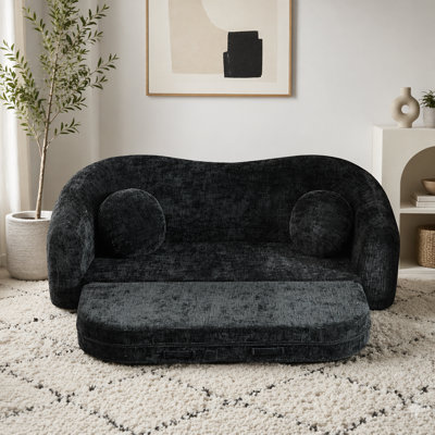 Curved Convertible Sofa Recliner, 2-in-1 Fold-Out Sofa Bed, with Pull-Out Base and Deep Seat Design, Includes Two Pillows, Chenille Two-Seater Recliner