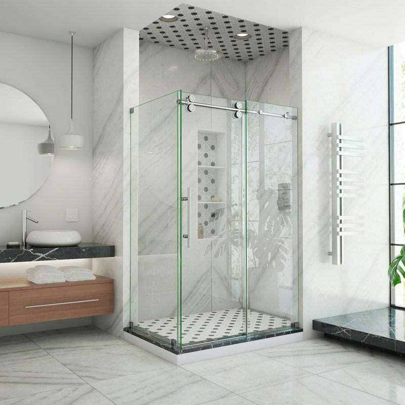 Enigma-XO 48.38" W x 34.5" D x 76" H Rectangle Shower Enclosure with Fixed Panel, Brushed Stainless Steel