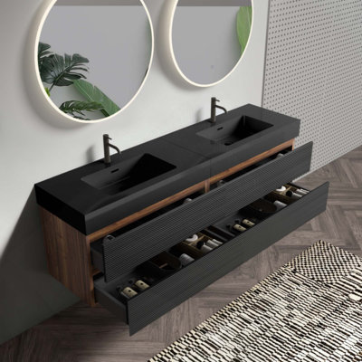 Meuble-lavabo avec lavabo à quartz d'ingénierie et tiroirs souples, meuble-lavabo mural flottant, lavabo une pièce