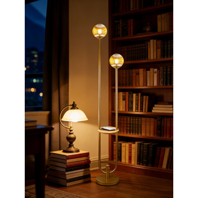 Mid-Century Modern Floor Lamp With Glass Globes And Tray, Dimmable Gold Standing Lamp Includes Warm White Bulbs For Living Room, Bedroom, Or Office Lighting
