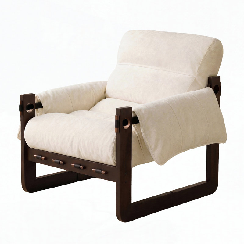 Chaise d'appoint en chenille avec siège rembourré, accoudoirs roulés et structure en bois
