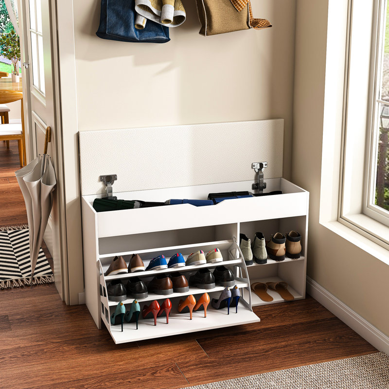 Banc de vestibule moderne avec rangement pour chaussures, 3 tiroirs rabattables, armoire cachée, support rotatif, compartiment relevable, coussin à gratter et confortable pour le couloir du salon, rangement blanc