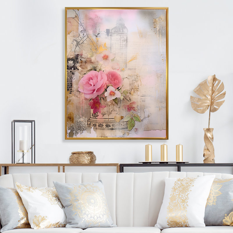 Illustration rétro de la rose en fleurs, Cadre flottant doré, H 32 po x l 16 po x P 1 po