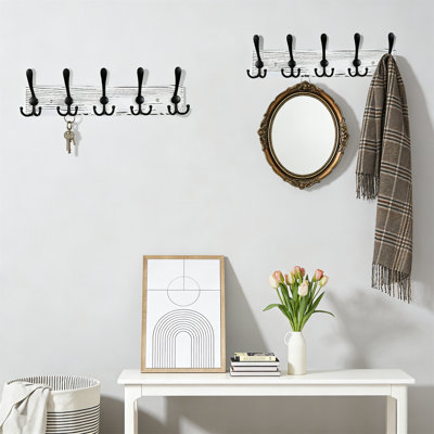 2-Pack 16.9" Pine Wood Wall Mount Coat Rack With 5 Black Triple Hooks, Old White