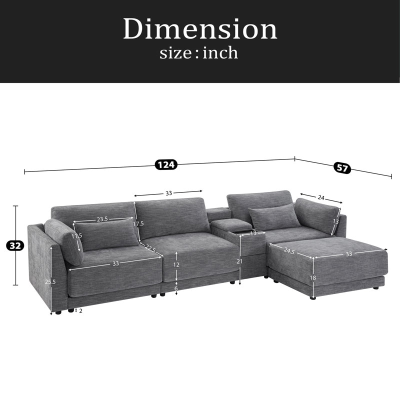 Canapé modulaire modulaire avec console de rangement et repose-pieds mobile, siège d'une largeur de 33 po, canapé en chenille à 4 places en L, canapé confortable réversible avec chargeur USB pour le salon, un appartement