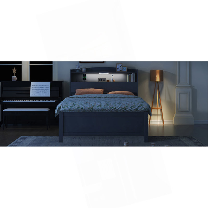Lit plateforme à DEL avec lit gigogne, tête de lit avec rangement et tiroirs, Gris, Lit double