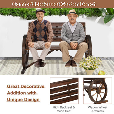 Outdoor Wagon Wheel Bench, Rustic 2-Person Seat Patio Bench W/Slatted Design And Carbonized Finish, Outdoor Patio Furniture W/550Lbs High Capacity For Garden Patio Backyard Porch