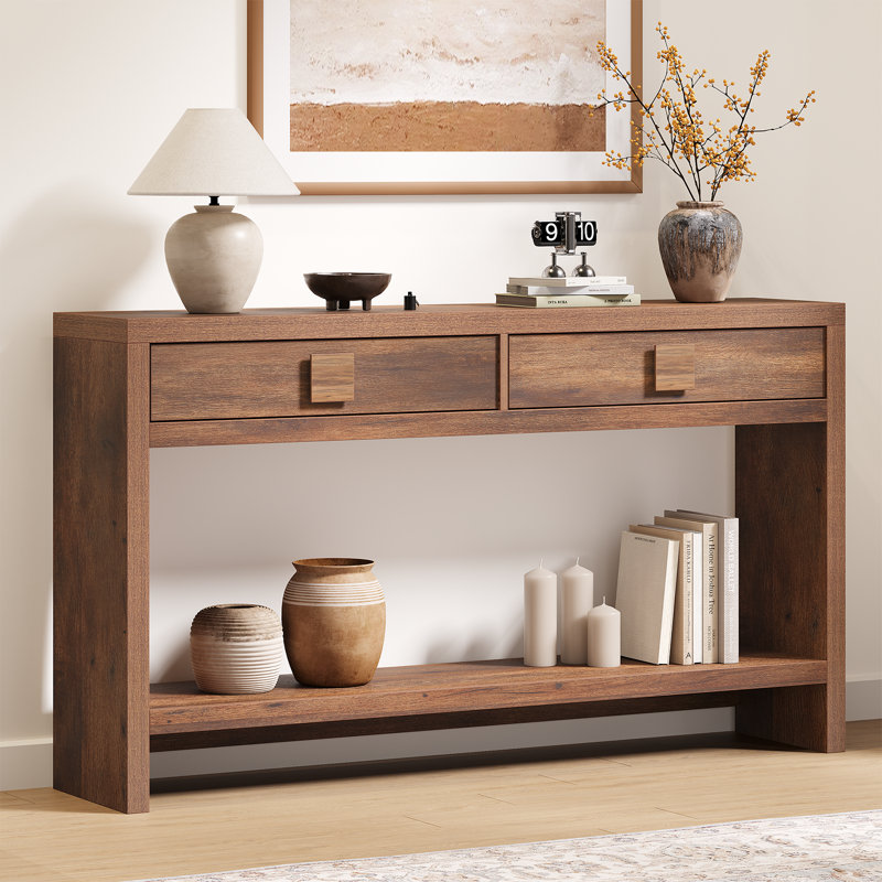 Wood Console Table With 2 Drawers, Sofa Table For Hallway, Entryway, Living Room, Brown, 31.5" H x 55.13" W x 11.9" D