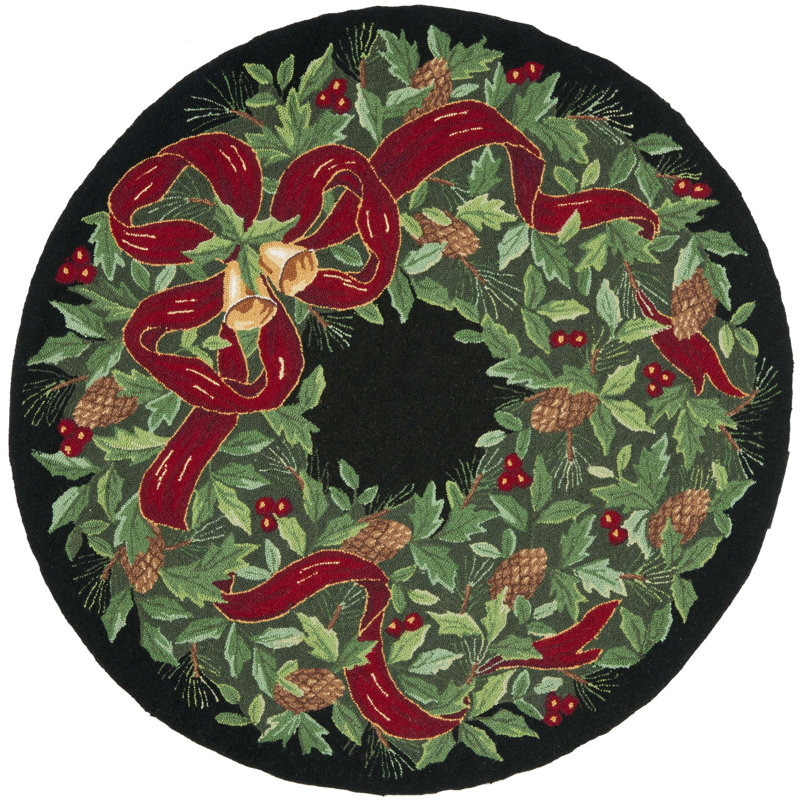 Tapis rouge / vert en laine à motif oriental rétro, Rond 2 pi