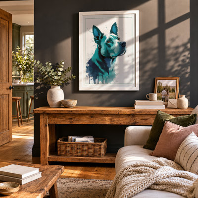 Attentive Dog in Teal Modern - Framed Print