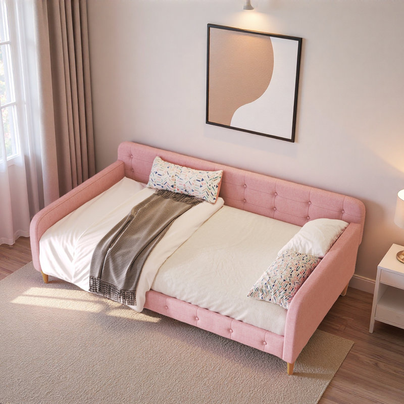 Modern Upholstered Daybed With 4 Support Legs And Button Tufted Design, Twin, Pink
