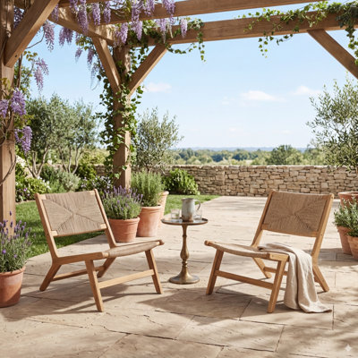 Ensemble de fauteuils d'extérieur sans accoudoirs en bois d'acacia 2 pièces avec accents en osier Pe - finition teck clair