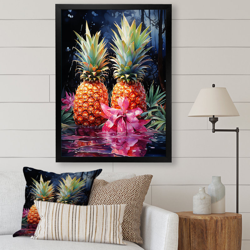 Nectar néon ananas sur toile, Cadre photo noir, H 32 po x l 16 po x P 1 po