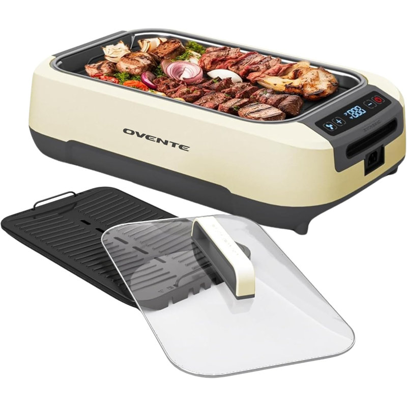 OVENTE Smokeless Indoor Grill, 1500W Electric Portable Korean BBQ Grill with One-Touch Control, LED Smart Display, Tempered Glass Lid, Two Removable Non-Stick and Dishwasher Safe Plates, White SGR85W