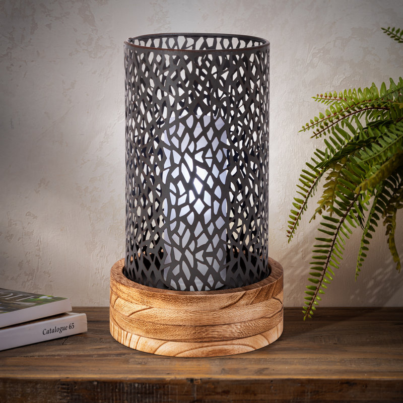 Lanterne cylindrique en métal brun 12,2 po avec base en bois