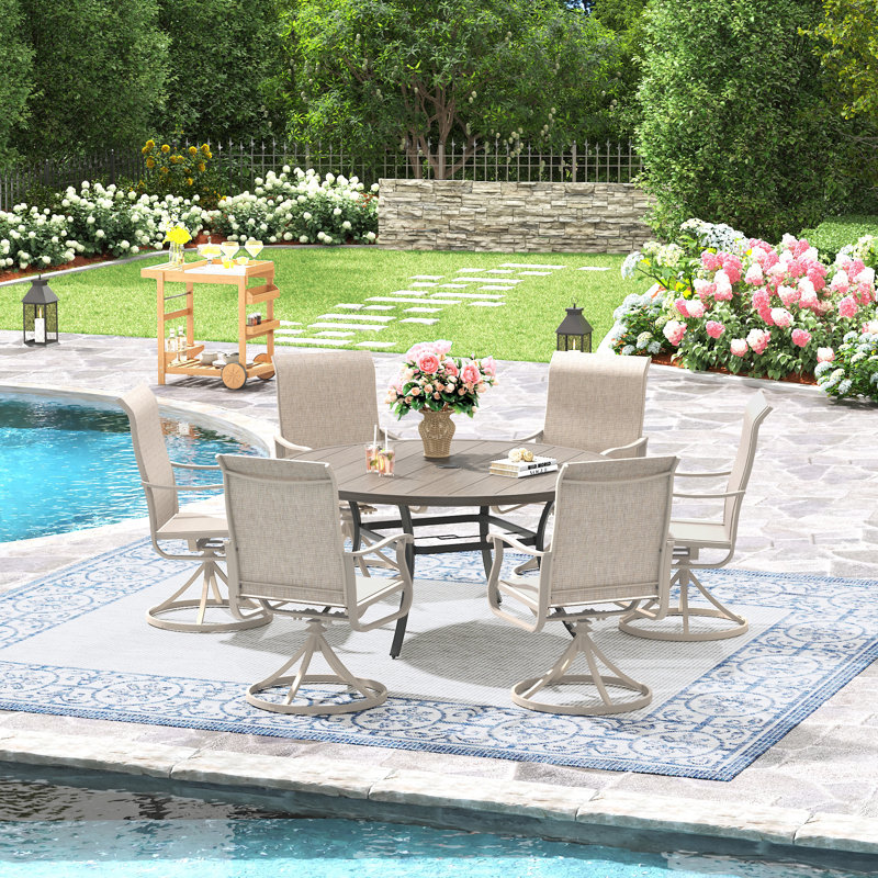 6-Person Patio Dining Set with 53" Round Metal Dining Table and 6 Swivel PVC-coated polyester Chairs