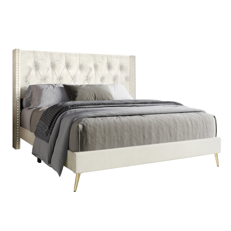 Lit plateforme tapissier à profil bas Petersfield, Beige, Double