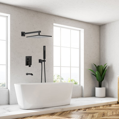 12 Inch Wall Mounted Tub Shower System With Hand Shower Single Handle Waterfall Shower Faucet Set Brass Shower Faucet Combo With Rough-In Valve