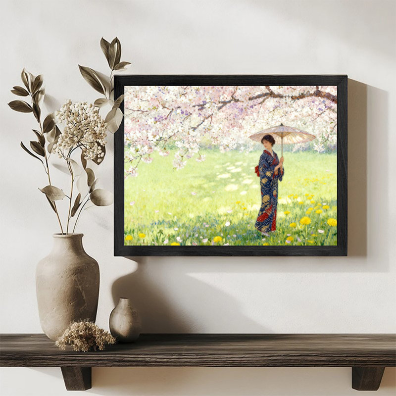 Art encadré noir «Une femme tenant un parasol sous un cerisier en fleurs», impression de style japonais, H 25 po x l 17 po