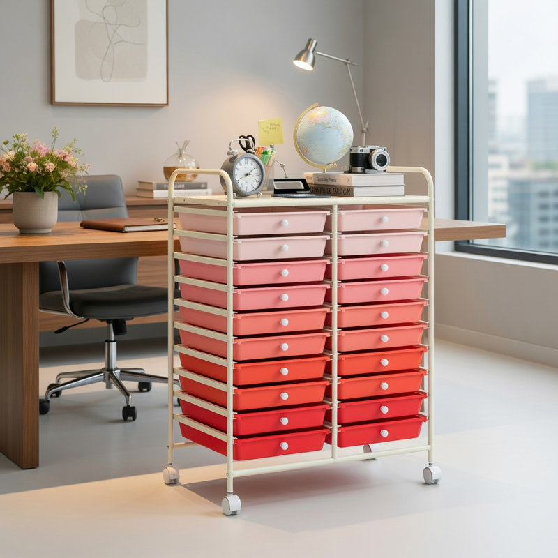  Chariot de rangement roulant à 20 tiroirs avec roues verrouillables, organisateur de studio pour la maison, le bureau et la salle de bricolage, rose dégradé