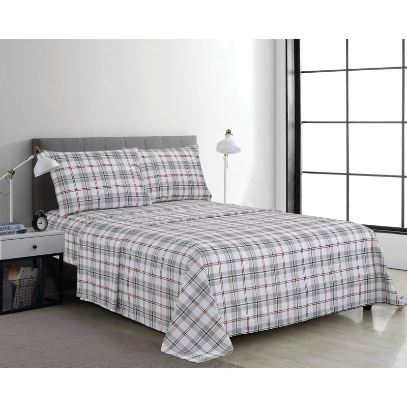 Ensemble de draps en microfibre 4 pièces, Ensemble de draps pour très grand lit avec 2 taie, Tissu écossais gris