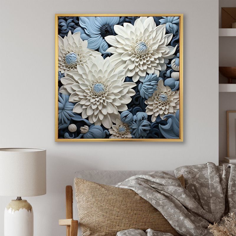 "Graceful Mums" noir et bleu pâle, peinture III sur toile, Cadre flottant doré, H 16 po x l 16 po x P 1 po