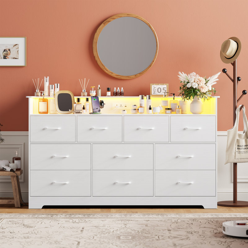 10 Drawer Dresser for Bedroom - 65" Wide Chest of Drawers with Large Storage Space and Charging Station, Modern TV Stand Organizer Cabinet with Open Shelf Table for Living Room, Hallway, White