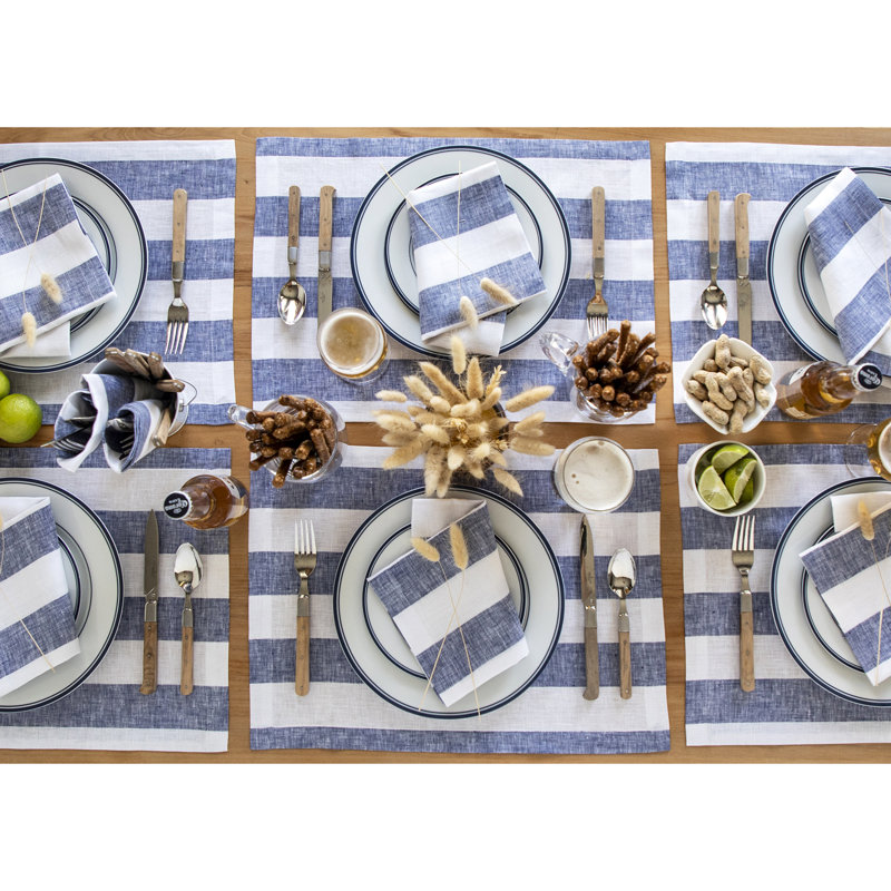 Cabana Stripe - 100% Pure Linen Dinner Napkins, Navy/White