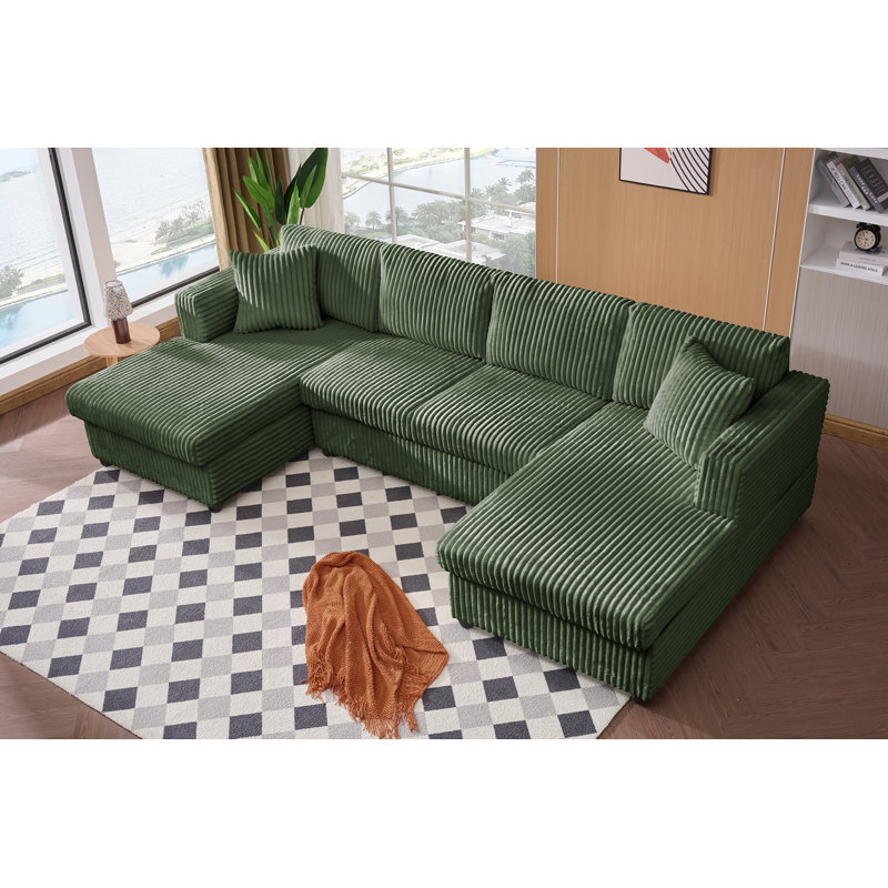 4 Seat U Sectional Couch, 110'' W Corduroy Sofa With Double Chaises, Green Corduroy