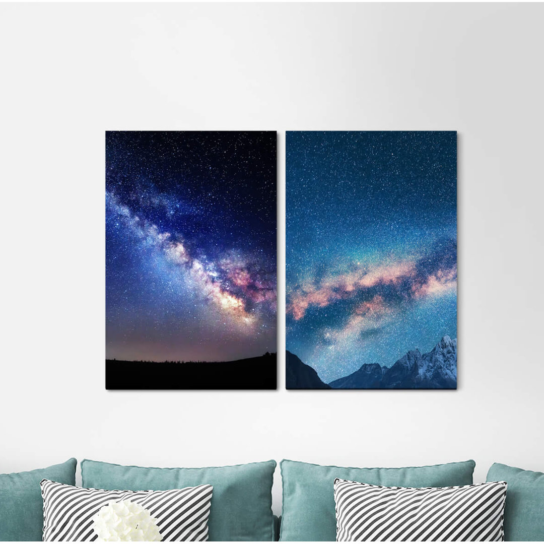 2-tlg. Leinwandbilder-Set - Grafikdruck „Milky Way Night Sky Stars Galaxy Dreamlike Universe”