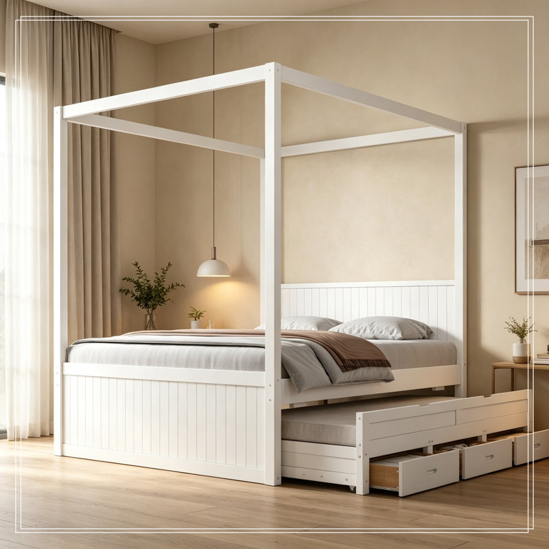 Auvent pleine grandeur Regeani avec lit gigogne simple et 3 tiroirs de rangement, Blanc