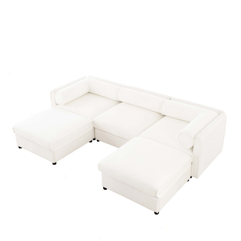 Canapé moderne modulaire en U avec rangement et 2 repose-pieds en chenille 5 pièces, Blanc