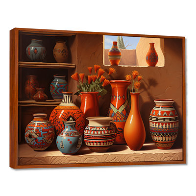 Mexican Terracotta Vases Orange Flowers - Floral Window Wall Art Decor