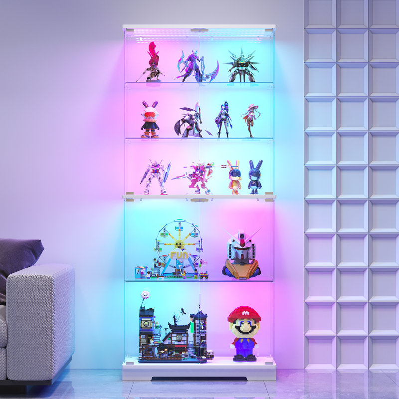 5-Tier Tempered Glass Display Cabinet with Motion Sensor RGB Lights, Wite