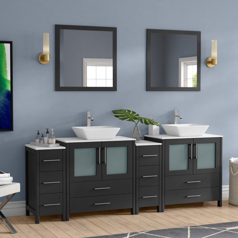  Modern 84" Double Bathroom Vanity Set with Mirror, Espresso