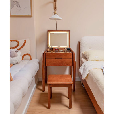 Minimalist Solid Wood Flip-Top Vanity Table with LED Mirror for Small Bedrooms