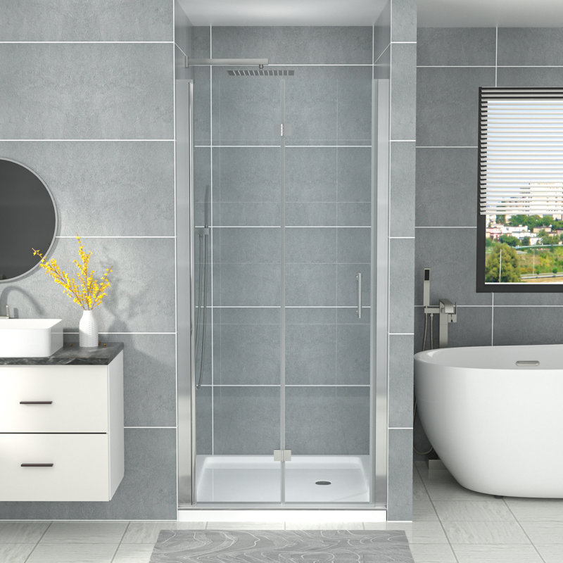 Porte de douche pliante en verre 36 po - 37,35 po x H 72 po avec verre trempé transparent, Chrome poli