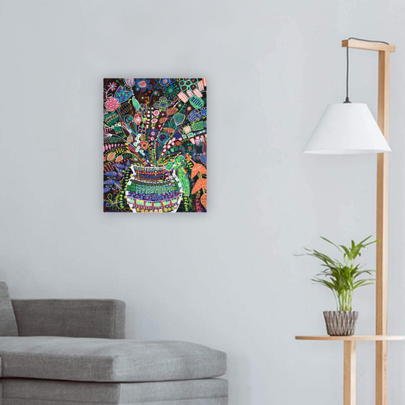 Vase floral vert sur toile noire, décoration murale 24 x 18 po