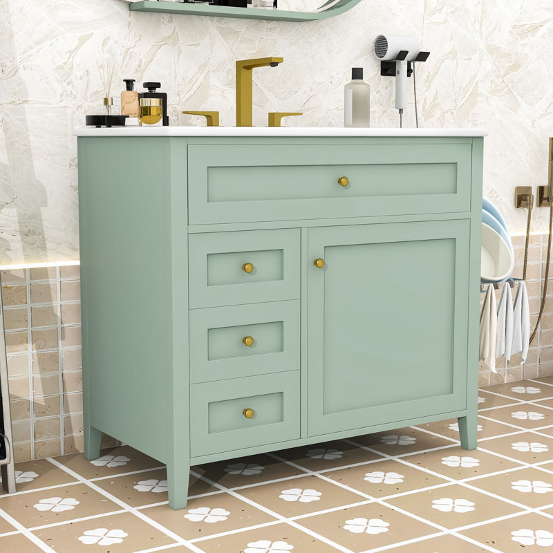 Meuble-lavabo autoportant élégant avec rangement spacieux, tablette réglable et lavabo en céramique, Vert