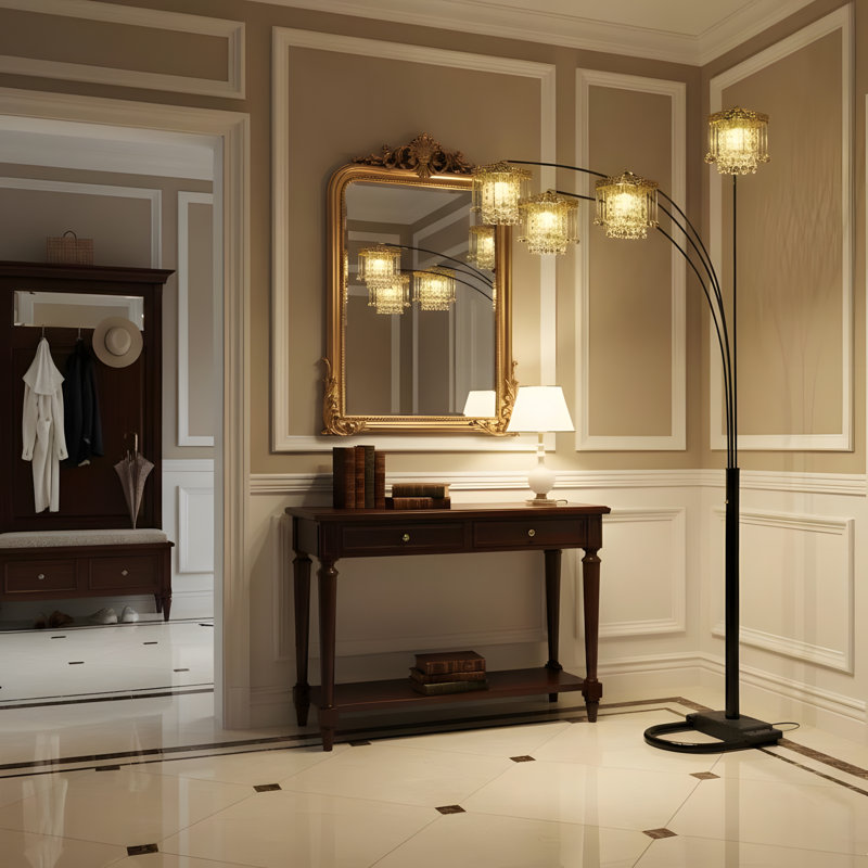 Lampe sur pied de 84 pouces de hauteur avec finition noire, avec 4 bras de lampe arqués de style lustre en cristal