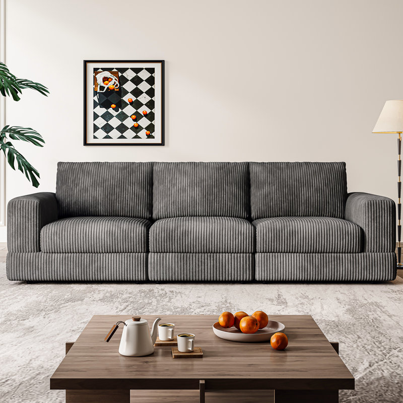 Modern Black Corduroy Modular Sectional Sofa, 107.5 Inch Comfy 4-Seat Upholstered Couch Sleeper Sofa With Soft Pillows Backrest and Deep Seat for Living Room and Office